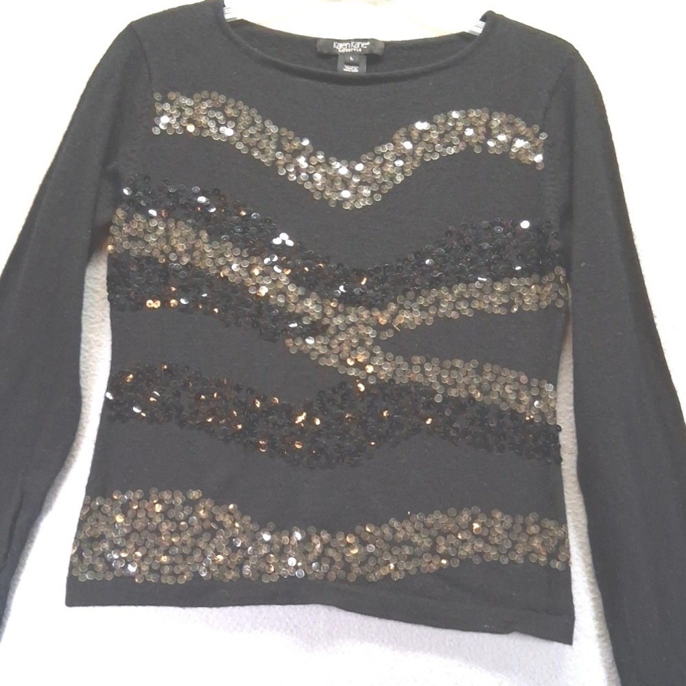 Karen Kane Lifestyle Black 100% Wool Sequin Chevron Sweater Womens Large